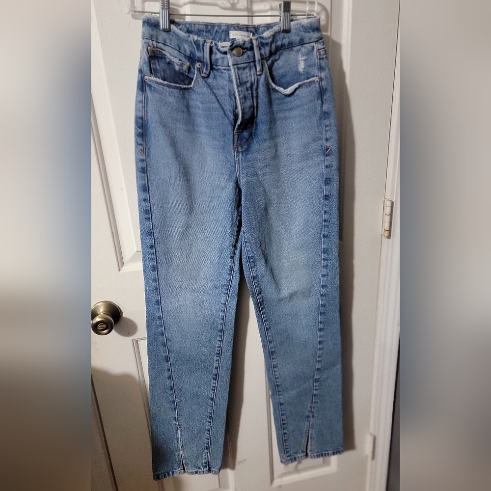 Good American Light Blue Button-Fly Jeans Leg Slit Sz 27